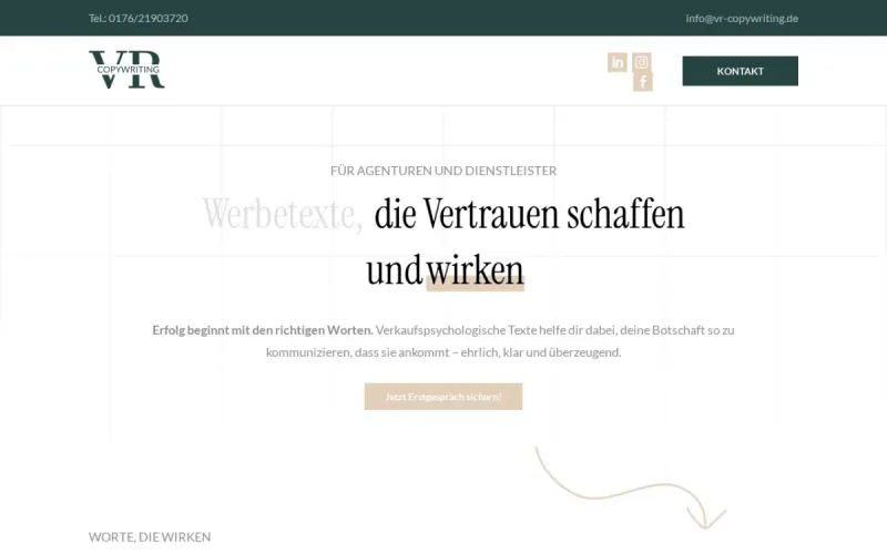 Website von VR Copywriting, Agentur und Marketing, Startseite